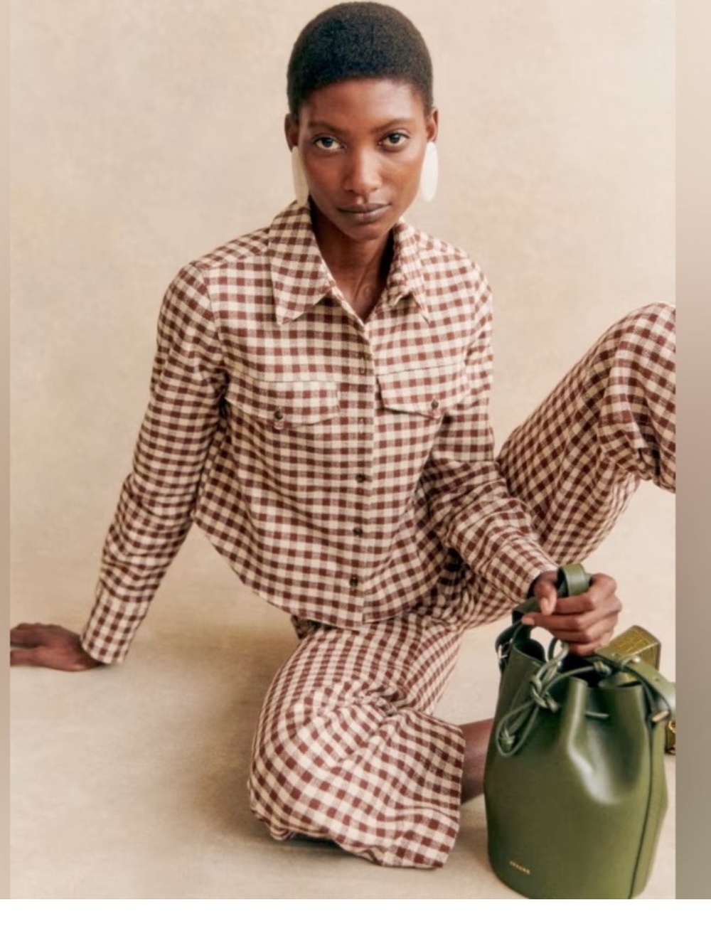 NWT Sezane Maelle Cotton Linen Shirt Jacket Brown Gingham Ecru FR 38 US 6